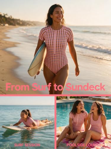 Image of CUPSHE Women's Rash Guard One Piece Swimsuit Short Sleeve Zip Up