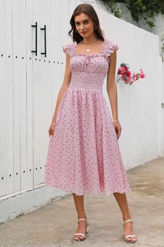 Image of Women's 2026 Spring Summer Floral Midi Dresses Square Neck Smocked Waist Beach Wedding Guest Long Flowy A Line Sundress