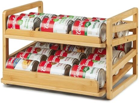 Bamboo Rolling Can Organizer for Pantry, Stackable 2 Tier Canned ...