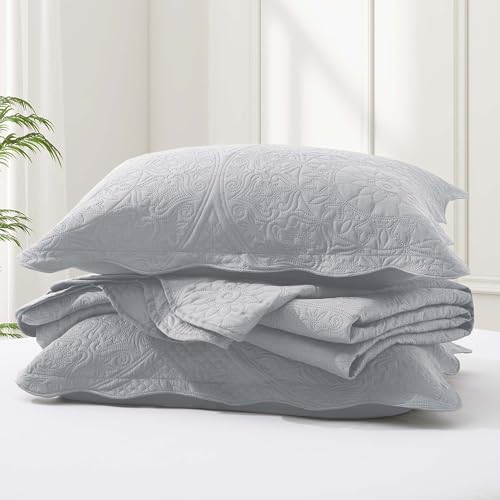 IR Imperial Rooms Twin Quilt Bedding Set Size (68” x 86”) + 1 Pillow Shams (20” x 26” + 2”) - 2 Pcs All Season Lightweight Reversible Microfiber Coverlet Floral Embossed Quilt Bedspread (Silver)