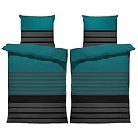 one-home Winter Biber Bettwäsche Baumwolle Kuschelig Flauschig Warme Weiche Flanell Bettbezüge Modern, Größe:4 teilig 135x200 cm, Farbe:Gestreift Petrol