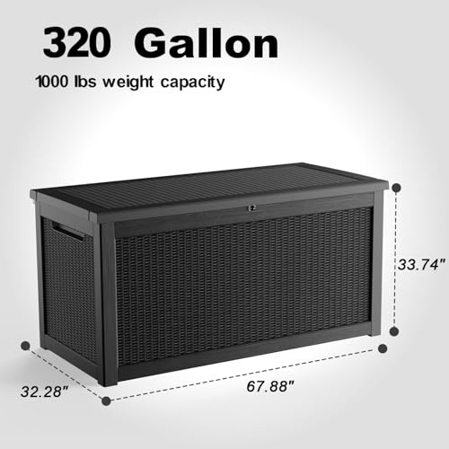 320 Gallon Outdoor Deck Box,Storage Lockable Waterproof Patio Furniture,Garden Tools,Cushions,Pool Accessories Outside Storage Resin Box(Black)