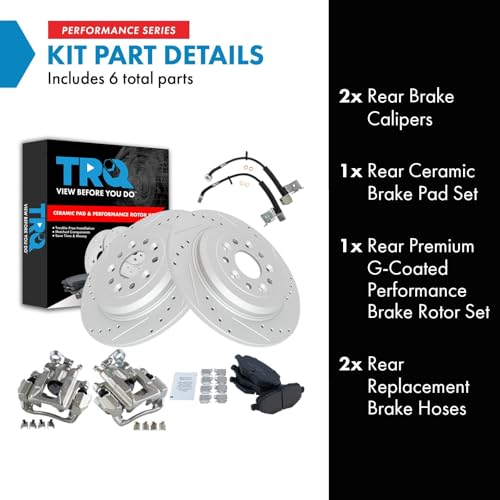Image of TRQ Performance Rear Brake Pad and Rotor Set Ceramic Drilled Slotted Rotors Calipers Compatible with 2011 Ford Explorer