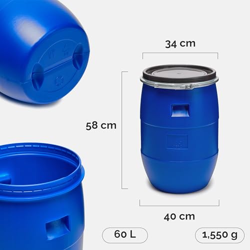 Garronda 60 Liter Deckelfass Weithalsfass aus HDPE Regenfass für Garten Fass 60l Wassertonne Futtertonne Wasserbehälter Universalfass Wasserfass Lebensmittelfass Wassertank GD-0078, Blau