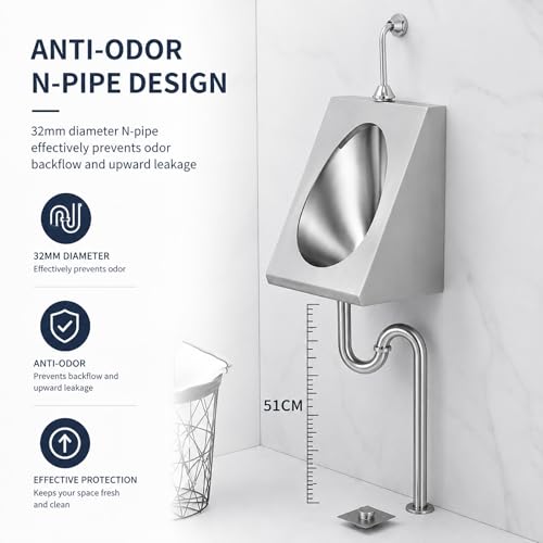 Urinal de acero inoxidable 304 montado en pared para hombres, con descarga automática por sensor, para baños comerciales, hoteles, bares, garajes y baños al aire libre (sensor superficial B, drenaje en pared) miniatura 3