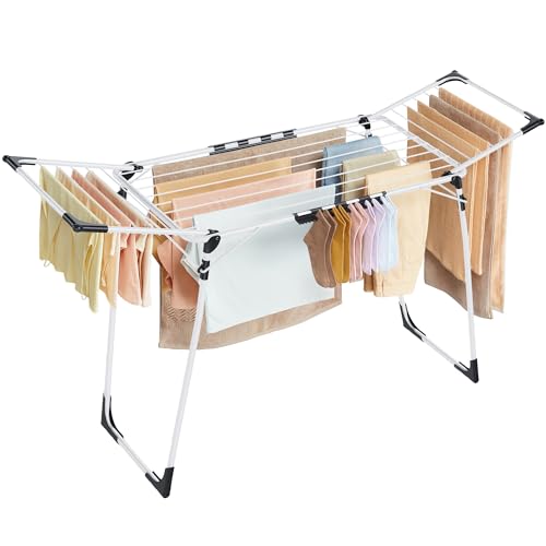 SONGMICS Wäscheständer, Standtrockner 52,5 x 173 x 96,5 cm, Flügelwäscheständer, Flügelwäschetrockner platzsparend, mit Sockenhalter, Metall, für Kleidung, Handtücher, Wäsche, weiß LLR518W01