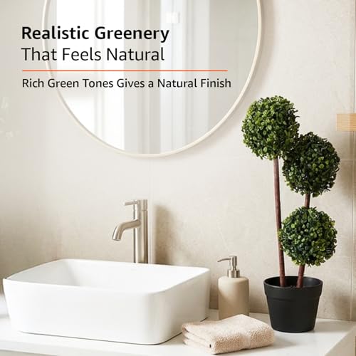 Image of amazon basics Artificial 3 Stem Topiary in Black Plastic Pot | Realistic 55 cm Faux Greenery | Durable Plastic | Stylish & Compact | Zero Maintenance | Indoor, Outdoor, Home & Office Decor