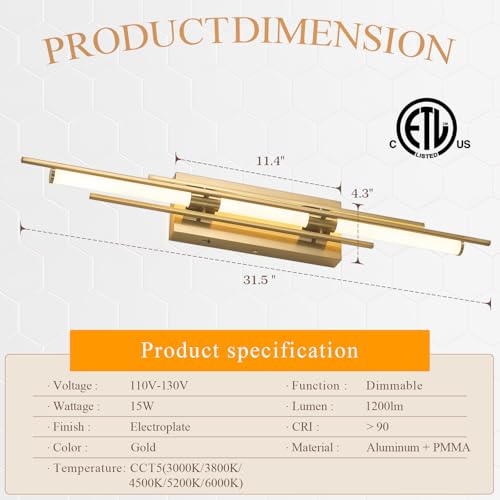 Image of Gold LED Vanity Light 31IN Modern LED Bar Wall Light Over Vanity Mirror Hardwired Picture Light Dimmable Bathroom Wall Mount Lighting 5CCT(3000K /3800K /4500K /5200K /6000K)