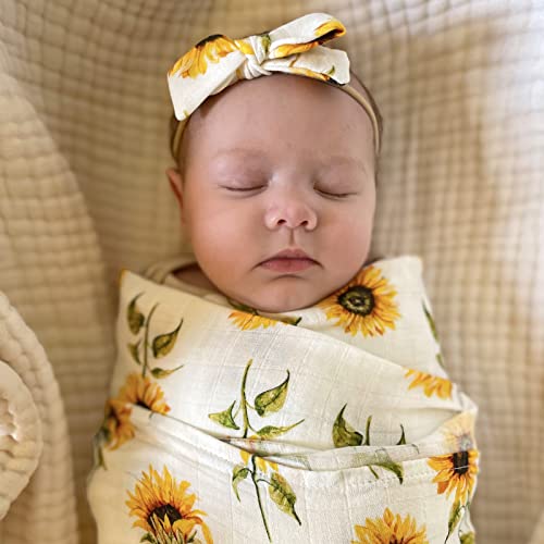 Image of LifeTree Baby Muslin Swaddle Blankets for Boys & Girls, Newborn Swaddle Set with Matching Headband Bow, Infant Blanket Wrap, 47 x 47 inches, Sunflowers, 70% Viscose from Bamboo and 30% Cotton