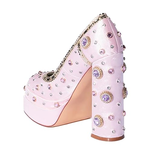 XYD Women's Vintage Bejeweled Diamonds Chunky Block High Heel Double Layered Platform Pumps Slip On Loafers Closed Round Toe Fancy Party Court Shoes3