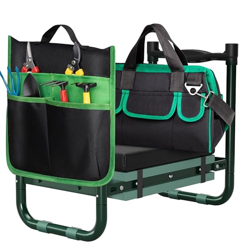 Walensee Foldable Garden Kneeler and Seat with Cross-Body Tool Bag & Removable Tool Pouch, Heavy Duty Garden Stool with Soft Leather Kneeling Pad, No Assembly, Ideal Gardening Gift for Women & Men