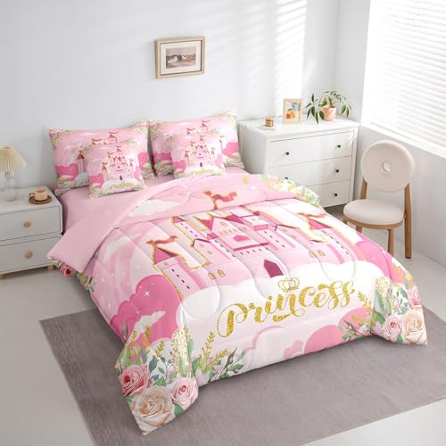 Girls Princess Comforter Set 7 Pieces Reversible,Cartoon Castle Pink Bed Set,Dreamy Fairy Tale Bedding Soft Microfiber Full (1 Comforter,2 Pillowcase,2 Pillow Covers,1 Flat Sheet,1 Fitted Sheet)