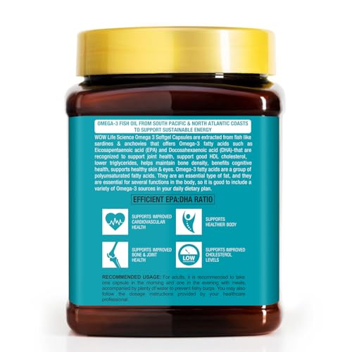 Image of WOW Life Science Omega 3 Fish Oil Capsules | Regular Strength 1500 mg with 270 mg EPA and 180 mg DHA | For Heart, Joints, Eye and Brain Health | 180 Capsules