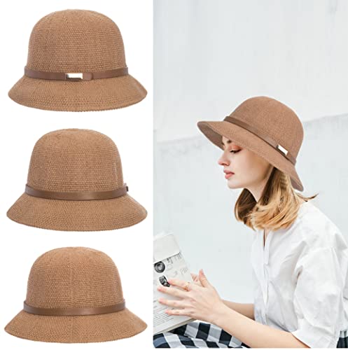 Women Straw Cloche Hats Summer Beach Sun Hat Wide Brim Straw Bucket Hat 1920S Vintage Bowler Hat (As1, Alpha, M, Khaki) #TOP6