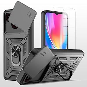 MQERYBV hülle für ZTE Blade A35E Handyhülle Kameraschutz Slide Camera mit Glasfolie Schutzfolie, 360 Grad Drehbar Metall Ring Fallschutz Handy Hüllen Outdoor Schutzhülle Cover，Schwarz