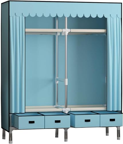 Armario portátil de tela azul de 140x45x168 cm con barra para colgar y estantes para dormitorio