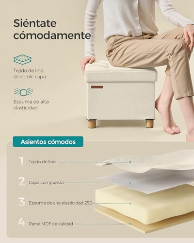 Miniatura 5 de Songmics Puff Almacenaje, Baúl De Almacenaje Plegable, 32 X 40 Cm, Taburete Reposapiés, Banco Con Almacenamiento, Soporta Hasta 300 Kg, Para Sala De Estar, Dormitotio, Blanco Crema Lsf012w11