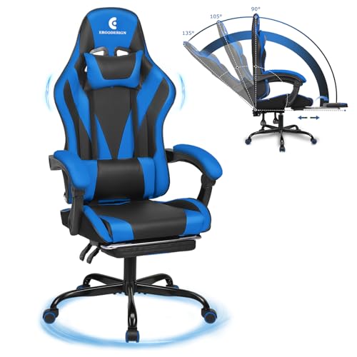 ErgoDesign Gaming Chair with Linkage Armrest & Footrest, High Back Video Gaming Chair, Black/Blue
