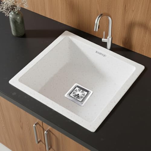 Image of BASINQU Quartz Sink for Kitchen | 18x16x9 Inches Rosa Single Bowl Kitchen Sink | Granite UV Protected, Granite Scratch Resistant, Undermount /Topmount