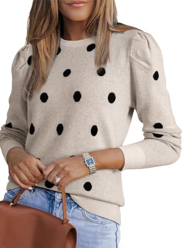 Dokotoo Tunic Sweaters for Women 2025 Long Puff Sleeve Knit Tops Trendy Crew Neck Polka Dots Blouses Casual Pullover Sweater Lightweight Wool Pullover Jumpers Apricot X-Large