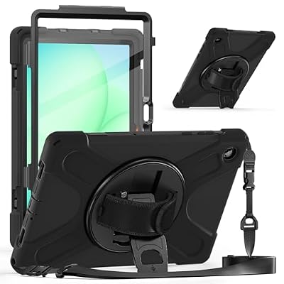 KAHITE Case for Galaxy Tab A11+ Plus 2025, with Screen Protector+360 Rotating Hand Strap&Stand+Shoulder Strap (Black, Galaxy Tab A11+)