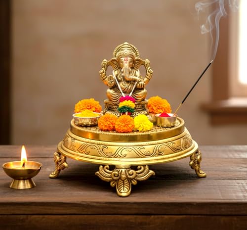 eSplanade Dekorativer runder Pooja-Hocker aus Messing, Chowki, Heimdekoration, Sitztisch, 17,8 cm