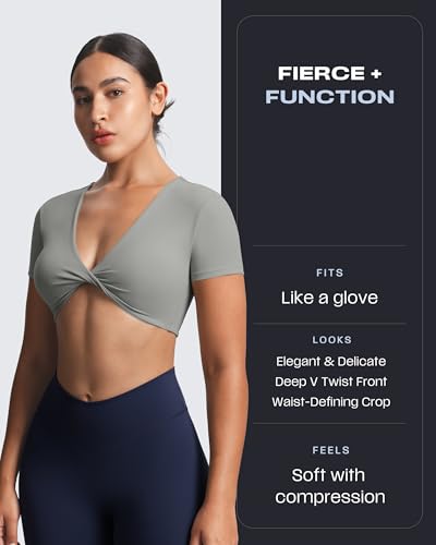 Image of Aoxjox Short Sleeve Crop Tops for Women Sienna Twist Deep V Workout Cropped T Shirt Top (Grey, Large)