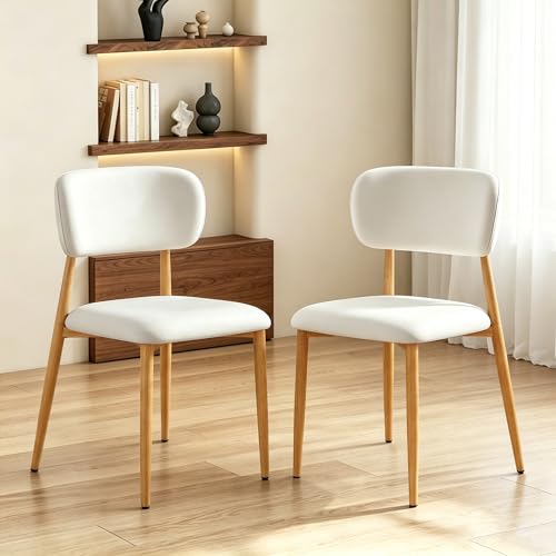 Image of weselon Mid-Century Modern Dining Chairs Set of 2, Upholstered Velvet Dining Room Chairs with Ergonomic Curved Backrest, Wood Grain Metal Frame with Adjustable Feet (Natural Frame+Gray White Seat, 2)