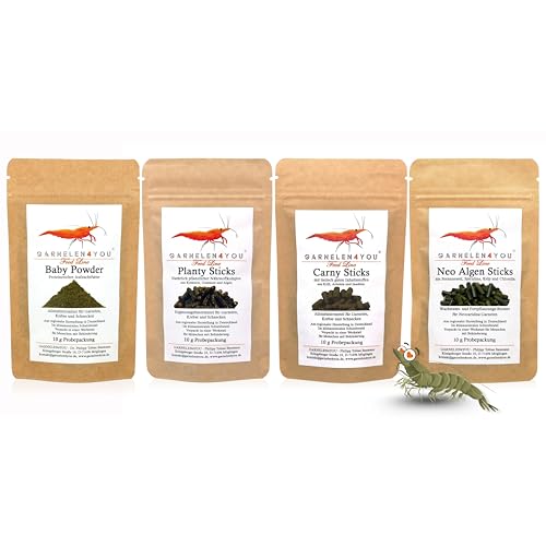 GARNELEN4YOU - Probeset Hauptfutter – Premium Garnelenfutter – für Caridina & Neocaridina Garnelen, Krebse & Schnecken – nachhaltige Verpackung – regionale Herstellung in Deutschland - 4X 10 g