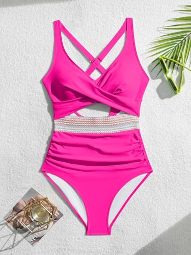 Image of B2prity Women's One Piece Swimsuit Tummy Control High Waisted Bathing Suit | Color Block,Removable Soft Cups,Cutout,V neck,Full Coverage,Adjustable Criss Cross Straps,Tie Back