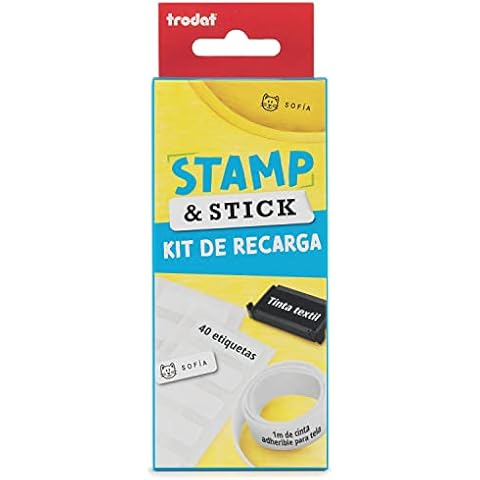 Kit de Recarga Trodat Stamp and Stick para Marcar Ropa y Objetos con 40 Etiquetas Resistentes al Agua, Cinta Adherible y Cartucho de Tinta Textil Negra Cover