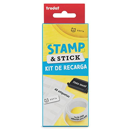 Trodat Kit de recarga para Sello Stamp and Stick – con 40 etiquetas resistentes al agua, 1 m cinta adherible para ropa y 1 cartucho tinta textil negra
