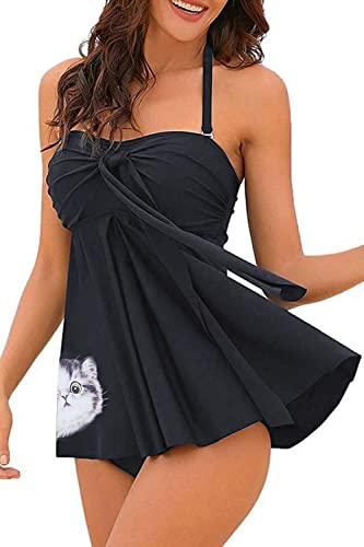 NLAND Trajes de baño Tankini para Mujer Dos Piezas Conjunto de Bañador Estampado Volantes Swimsuit con Halter Push Up Top y Bragas para Piscina(Gato Negro,M)