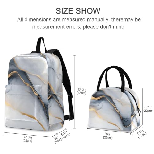 Black White Gold Marble Print Backpack Set with Lunch Bag, Large Capacity Travel Backpacks and Lunch Box Insulated for Commute Hiking Picnic2