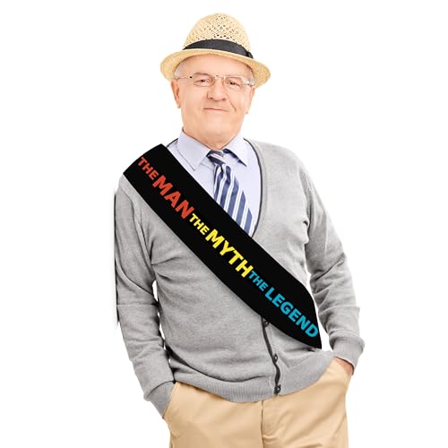 The Man The Myth The Legend Sash – Black Satin with Red, Yellow & Blue Foil Print – Funny Birthday, Retirement, Bachelor Party Accessory – Adjustable, Premium Quality Celebration Sash2