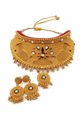 Image of Rajpooti Rajwadi Gold Plated Choker Necklace Set for Women with Matching Earrings | Traditional Bridal Wedding Jewelry | Ethnic Rajasthani Statement Necklace | Adjustable Dori Closure