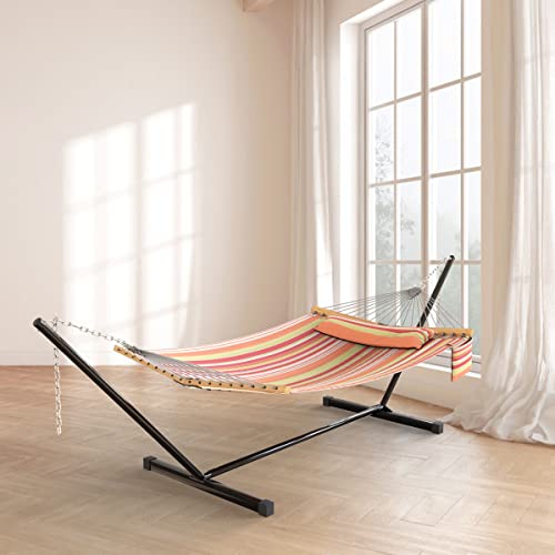 Double Hammock With Stand Included, Heavy-Duty 2 Person Hammock 450Lbs Capacity, Hammock Chair With Stand, Detachable Pillow And Cup Holder, Perfect For Indoor/Outdoor Patio, Deck, Tropical Stripe #TOP2