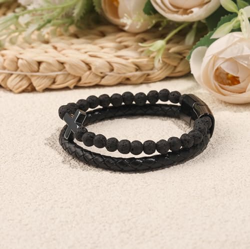 Cross Bracelet for Men,Black Stainless Steel Cross Jewelry With Black Onyx Beads Bracelets, Easter, Communion, Baptism, Christmas Gifts4