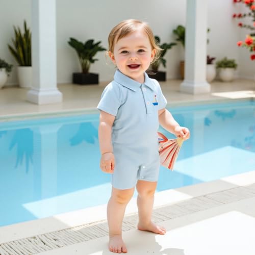 Gueuusu Newborn Baby Boy Beach Outfit Sailboat/Crawfish Embroidery Button Romper Striped Lapel Short Sleeve Bodysuit Clothes4