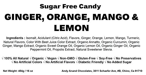 Andy Anand Sugar-Free Ginger Candy With Great Tasting 3 Flavors Orange, Mango & Lemon. Sweetened With Natural Stevia, Decadently Delicious, Non-Gmo, Made In Italy Gift Boxed With Greeting Card 1 Lbs #TOP6