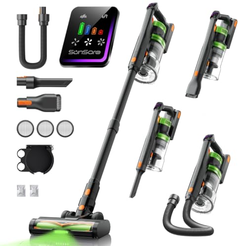 SunSare Aspiradora sin Cable 600W/50KPA/65Min (Eco), 1.8L Aspirador Sin Cable con Manguera de 1M, Aromaterapia, Luz LED Verde, Pantalla LED Inteligente, para Pelo de Mascotas, Alfombras, Pisos, Coche
