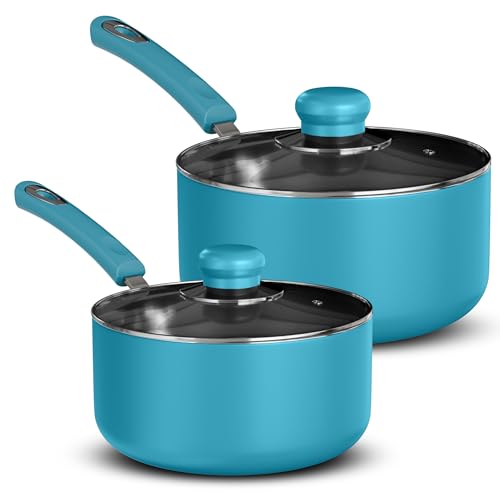 Utopia Kitchen Nonstick Stock Pot Saucepan Set with Lids, 1 Quart and 2 Quarts Multipurpose Stock Pots Set for Home, Kitchen or Restaurant, Turquoise & Black