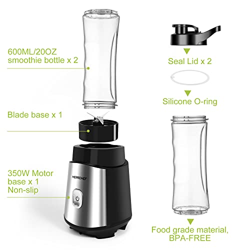 Herrchef Smoothie Blender, Blender For Shakes And Smoothies, 350W Powerful Personal Blender With 2 X 20Oz Portable Bottle, Single Bullet Blender Easy To Clean, Bpa Free #TOP6
