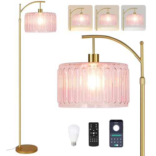 Image of QIYIZM Pink Floor Lamp for Living Room,Bedroom,Gold Dimmable Standing Lamp with Remote,Mid Century Modern Brass Tall Lamp Boho Floor Lamps Arc Stained Glass Flower Floor Light Lamp Girls kids Bohemian