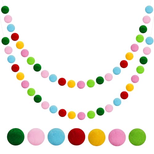 G2PLUS 2PCS Pre-strung Felt Pom Pom Garland, Handmade Felt Bunting with 60 Balls for Christmas Party Nursery Room