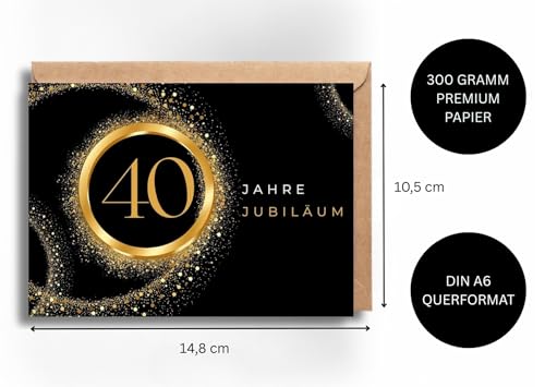 40 Jahre Jubiläum Karte mit Umschlag - Geschenkkarte Jahrestag Hochzeit Schwarz Gold Ring Firmengründung Dienst Partnerschaft Zusammenarbeit Glückwunsch Geschäftsjubiläum Feier (DIN A6)