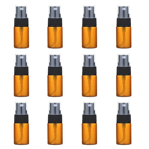 12 botellas de vidrio de 10 ml con atomizador vacías rellenables y de niebla fina con tapa, recipientes de aceite esencial y líquido, frasco para perfume, Ámbar, 10 ml, Moda