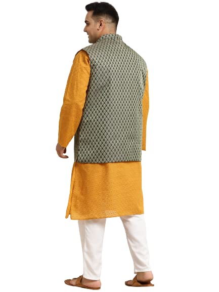 Image of SOJANYA (Since 1958) Men's Silk Blend Dark Green Kurta & Silk Blend Nehrujacket With Off White Churidar Pyjama Set