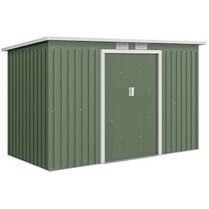 Outsunny Metall Gerätehaus 6, 3m³ 280x130x172cm Geräteschuppen mit Pultdach Schiebetür wetterfest Gartenhaus Outdoor Garten Schuppen Schrank für Hinterhof Außenbereich Anthrazit, Hellgrün