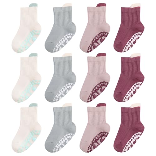 Best Toddler Socks with Grips for Safety and Comfort 13 scenicamp 12 Pack Toddler Non Slip Grip Socks Cotton Ankle Crew Socks with Grippers Cute Seamless for Kids Unisex Baby Boys Girls, 1-3T